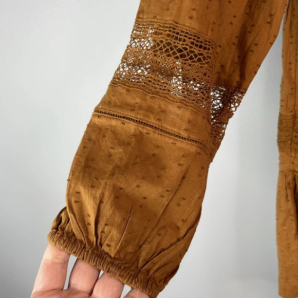 OLD NAVY Long Sleeve Pintucked ClipDot Mini Swing Dress Sisal Brown Lace Tier XS - Picture 5 of 12